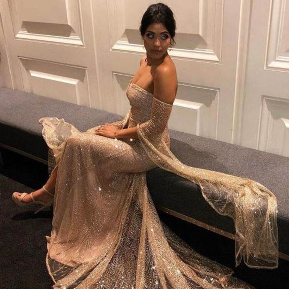 Dam Klänning - Maxilängd - Off-Shoulder - Djup Halsringning - Hög Slits - Elegant Festklänning