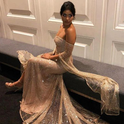 Dam Klänning - Maxilängd - Off-Shoulder - Djup Halsringning - Hög Slits - Elegant Festklänning