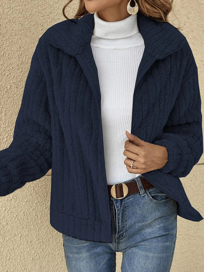 Dam Jacka – Fleece – Ribbad Textur – Avslappnad Passform – Kort Modell – Dragkedja