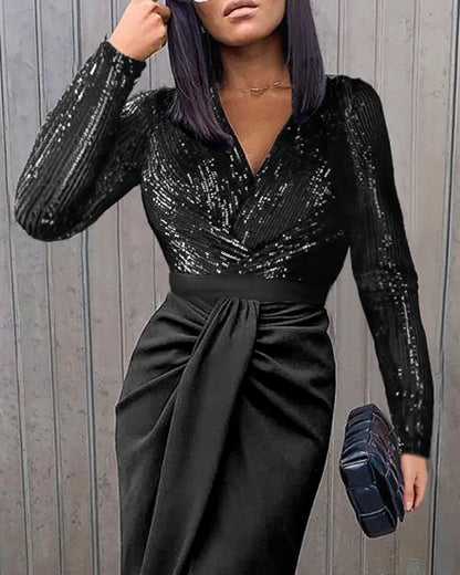 Damklänning - Figurnära Passform - V-ringning - Långärmad - Glittrig Draperad Design