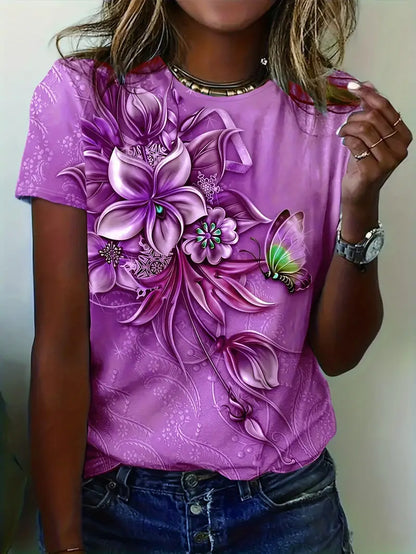 Dam T-shirt - Rund hals - Kortärmad - Blommigt tryck med fjärilsmotiv - Bekväm