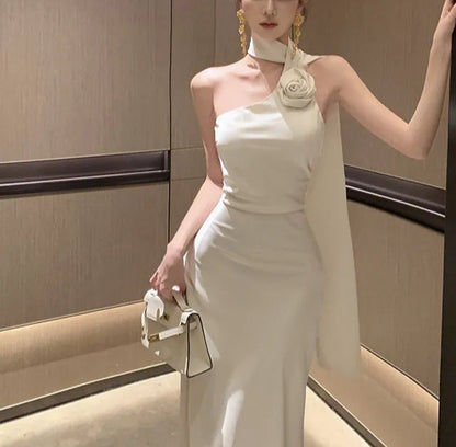 Elegant satinklänning med en axel för kvinnor – Aftonklänning i maximodell