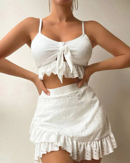 Dam Bikini Set – Knytfront Topp – Broderad Struktur – Volangkjol – Andningsbar Mix