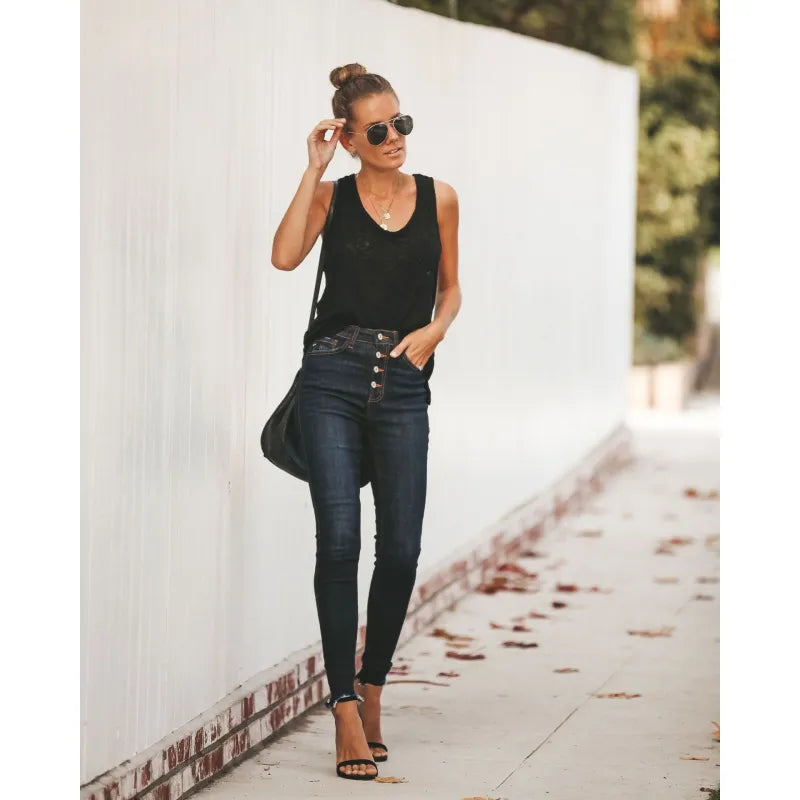 Damjeans - Högmidjade Skinny - Knappgylf - Stretchig Denim