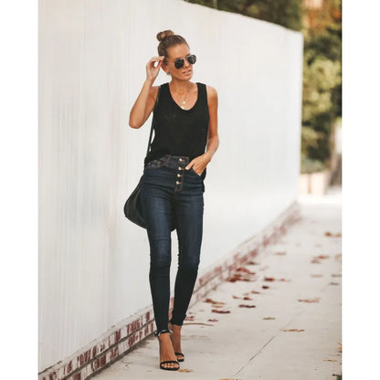 Damjeans - Högmidjade Skinny - Knappgylf - Stretchig Denim