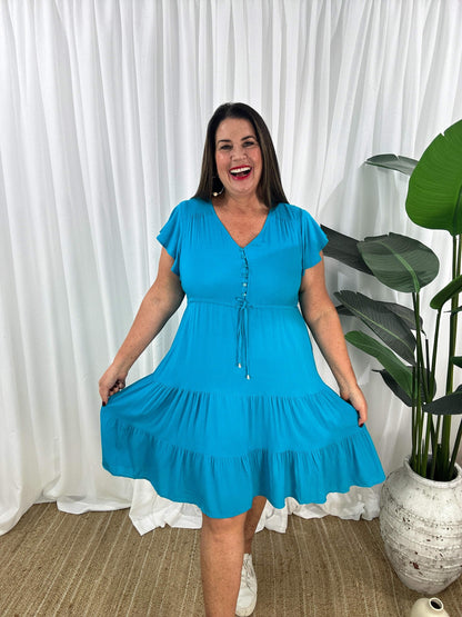 Damklänning - V-ringning - Korta Fjärilsärmar - Knappdetaljer - Justerbar Midja - Volangkjol