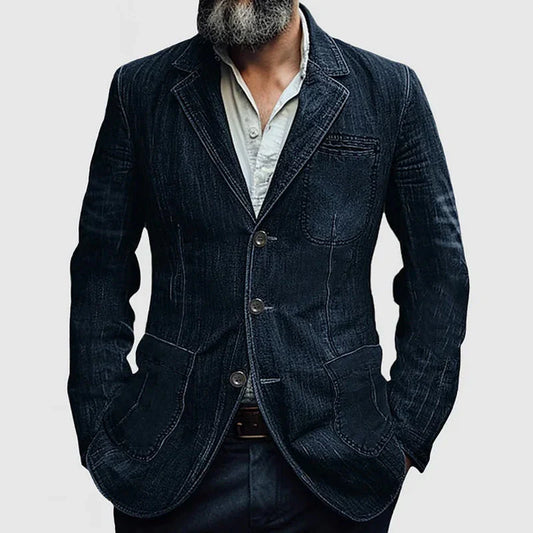 Herrkavaj – Denim – Skräddarsydd Passform – Enradig – Casual Look – Notchslag