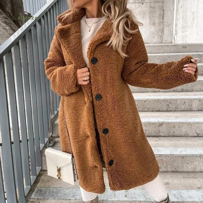 Damkappa - Oversized Teddyfodrad - Lång Modell med Knappstängning och Krage