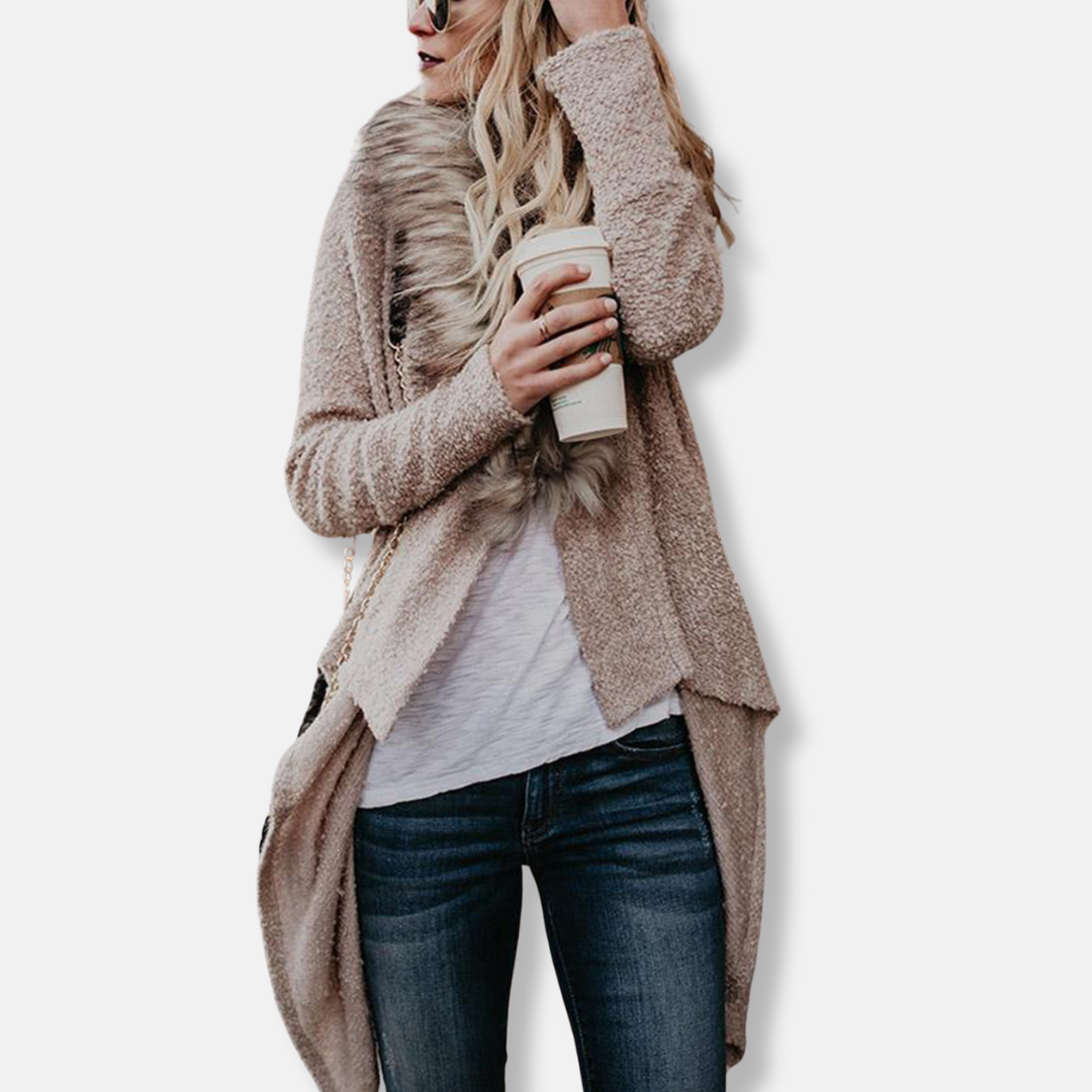 Damkavaj Kofta – Lös Passform – Stickat Tyg – Fuskpälskrage – Öppen Draperad Kant