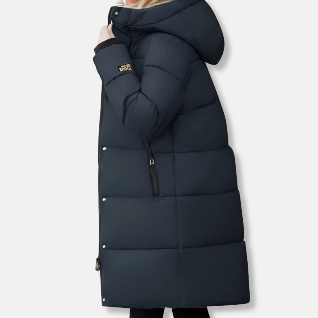 Dam Lång Pufferjacka – Quiltat Fodrat Tyg – Oversized Passform – Huva med Dragsko