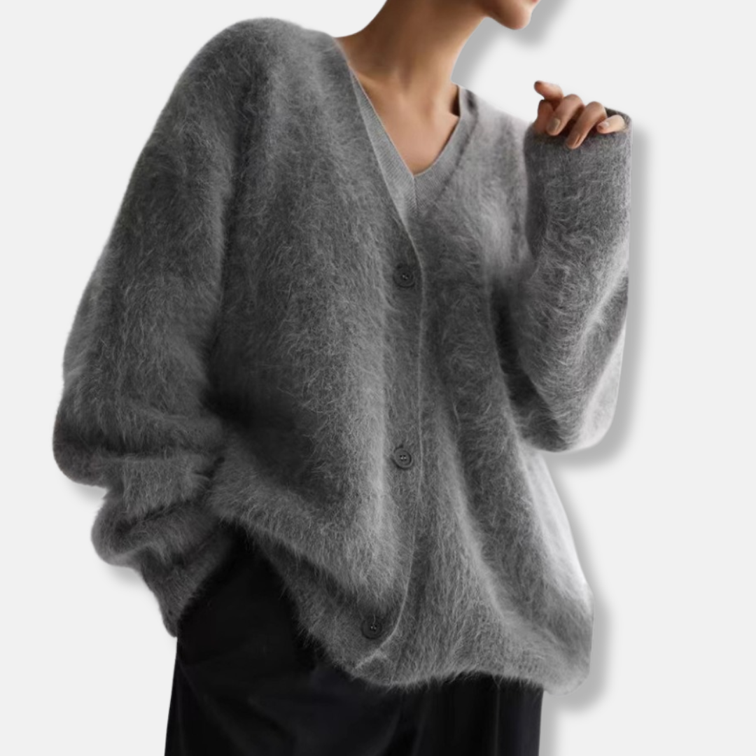 Damtop – Oversized Passform – Borstad Stickad Struktur – V-ringning med Knappar