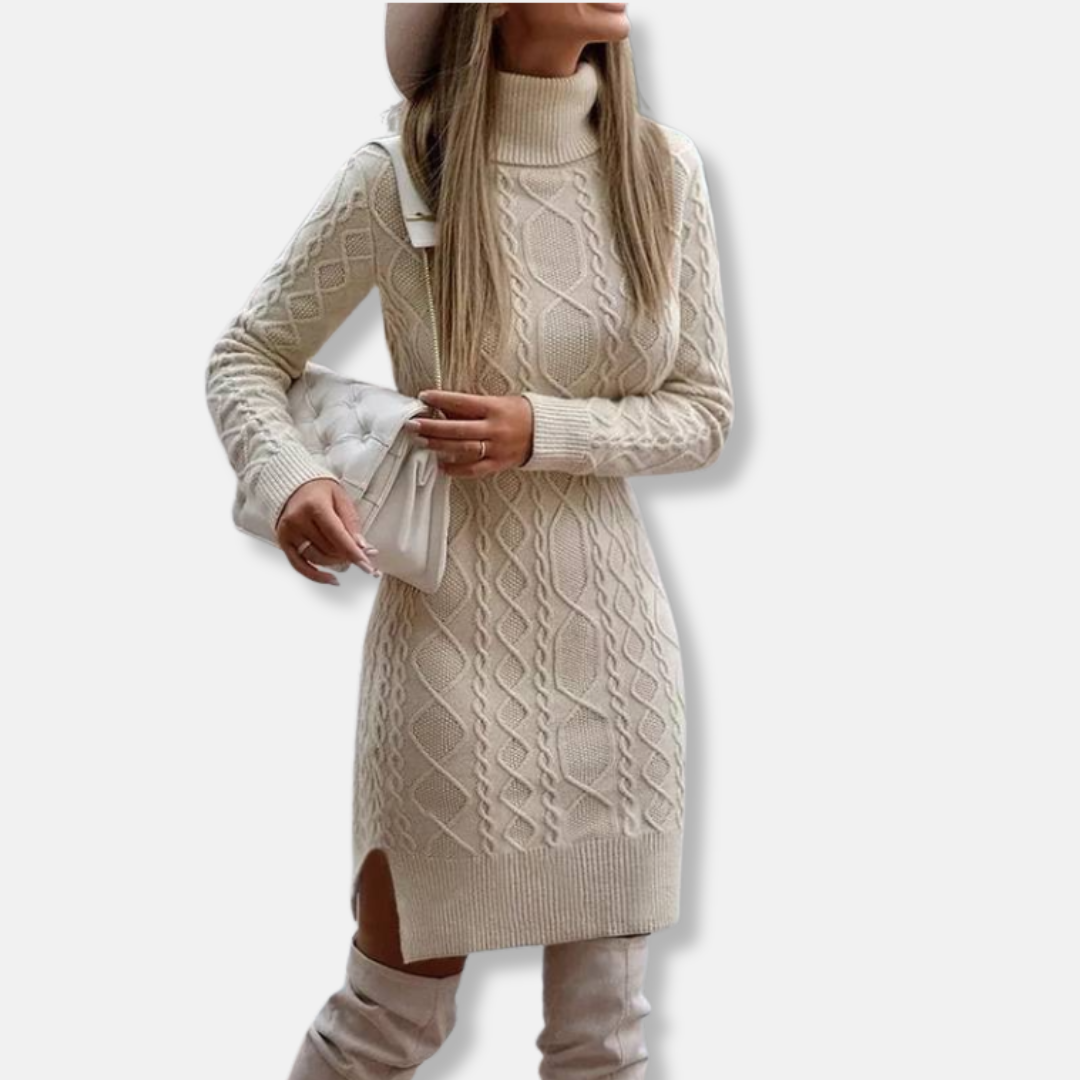 Damstickad Klänning – Slim Fit – Kabelstickad – Ull – Polokrage – Långärmad – Slits