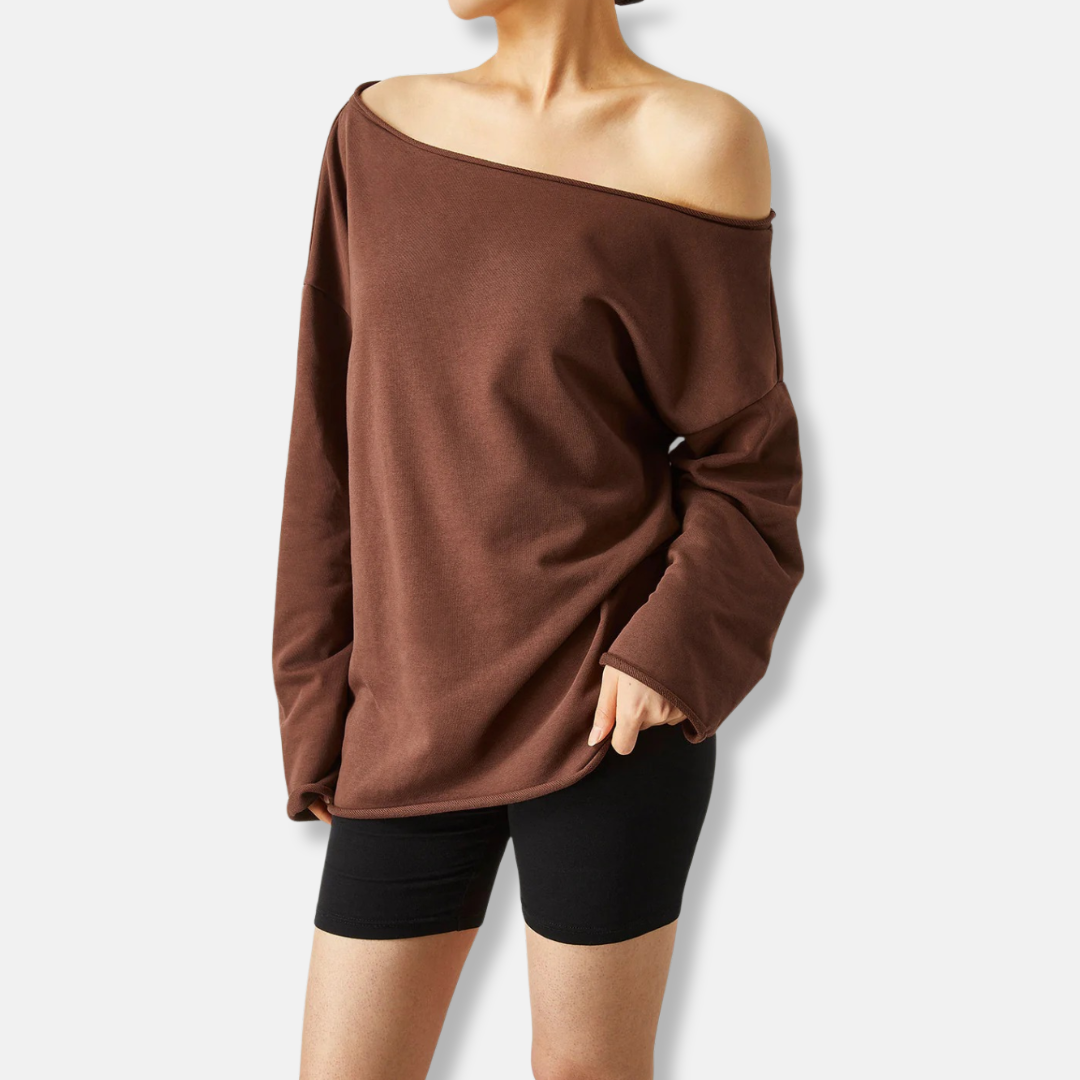 Damtröja – Avslappnad Oversize Passform – Asymmetrisk Off-Shoulder – Mjuk Stickad