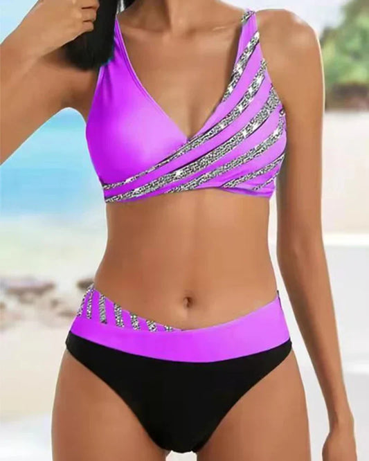Dam Bikini Set – Hög Midja – Omlottopp – Andningsbart Stretchtyg – Randigt Mönster