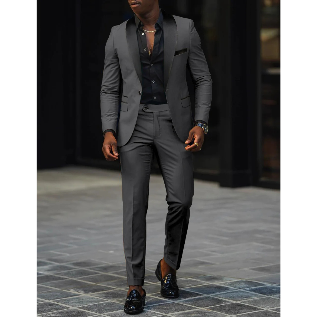 Herrkostym – Slim Fit – Satinkrage – Tvådelad Dress för Formella Tillfällen