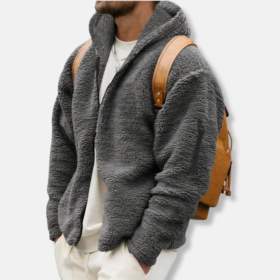 Herrhoodie – Avslappnad Passform – Texturfleece – Helt Dragkedja – Sidofickor – Huva