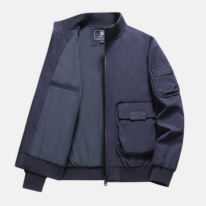 Herr Bomberjacka – Avslappnad Passform – Ribbad Krage och Muddar – Flera Fickor