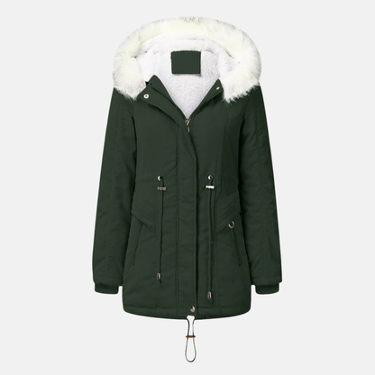 Damjacka – Mellanlång – Vadderad – Fleecefodrad – Dragsko i Midjan – Fuskpälsluva