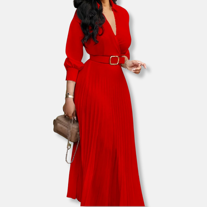 Damklänning Midi – A-linjeformad med Omlottdesign – Puffärm – Plisserad Kjol – Skärp i Midjan