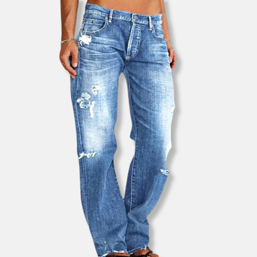 Damjeans – Hög Midja – Avslappnad Passform – Utsvängda Ben – Sliten Denim – Rå Kant