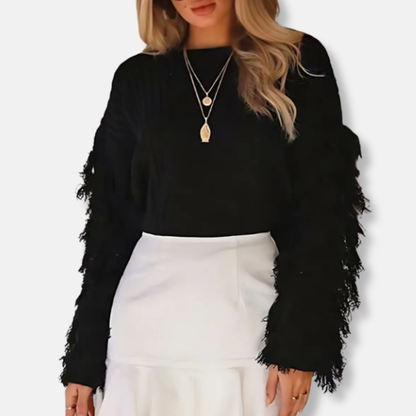 Damtröja – Chunky Stickning – Avslappnad Passform – Fransdetalj – Droppad Axel