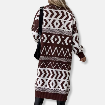 Damkofta Lång – Lös Passform – Stickad – Geometriskt Mönster – Öppen Front