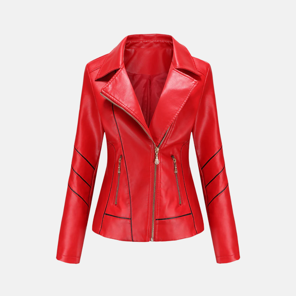 Damjacka Motorcykelstil – Slim Fit – Asymmetrisk Dragkedja – Quiltade ärmar – Kort Modell