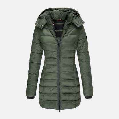 Dam Pufferjacka – Slim Fit – Quiltad – Mellanlång – Huva – Muddade Ärmslut