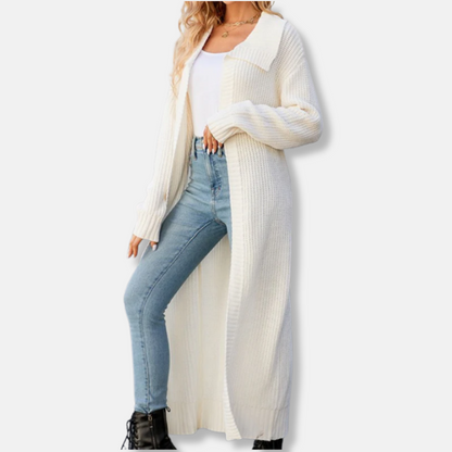 Dam Lång Cardigan – Stickad  – Lös Passform – Öppen Front – Bred Krage – Ribbmuddar