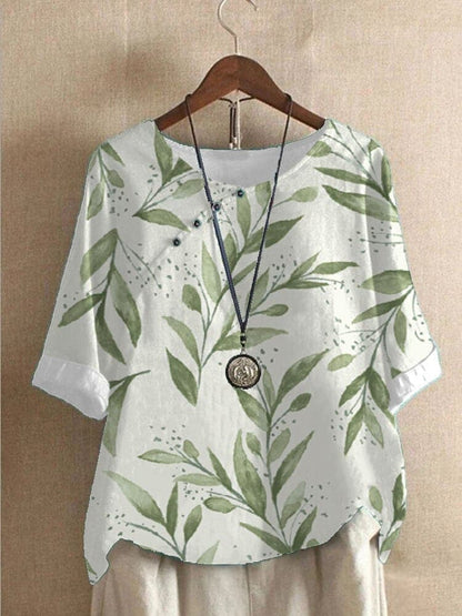 Damblus - Blommigt Mönster - Rund Hals - Halvlång Ärmar - Bekväm och Andas