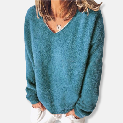 Damtröja med V-ringning – Avslappnad Passform – Mjuk Fluffig Textur – Lång ärm