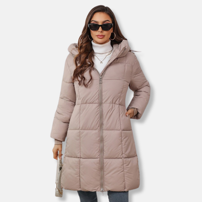 Damjacka med Huva – Slim Fit – Vadderad Quiltad – Mellanlång – Dragkedja Fram