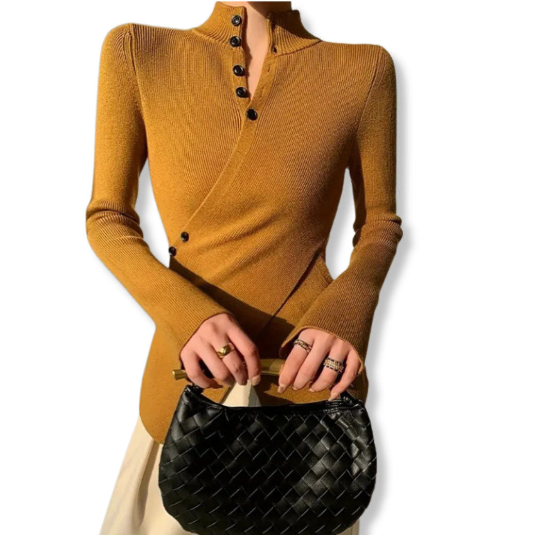 Damtop – Slim Fit – Hög Krage – Ribbstickad – Asymmetrisk Fåll – Långa Ärmar – Knappar