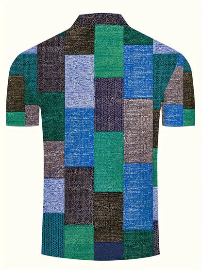 Herr Pikétröja - Patchworkdesign - Vävd Textur - Knappslå - Slim Fit