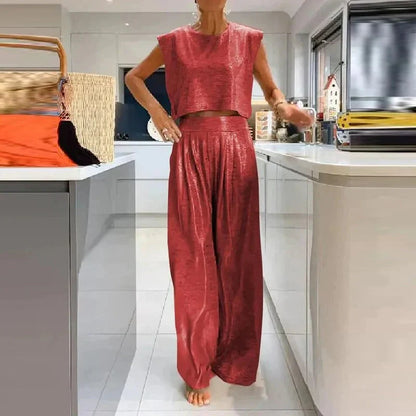 Damset – Èrmlös Croptop – Vida Högmidjebyxor – Avslappnad Passform