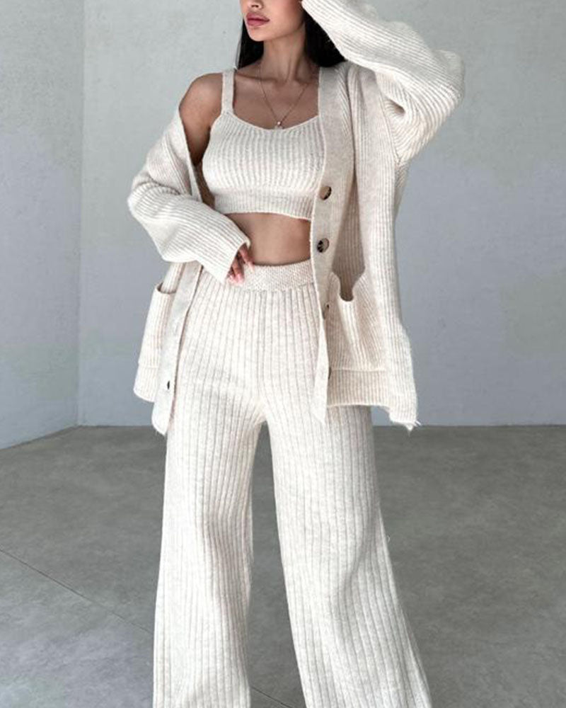 Dam Loungewear-Set - 3-delad Stickad - Kofta, Linne & Vida Byxor - Bekväm Passform