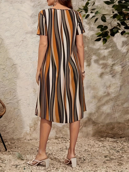 Damklänning - A-linje Skärning - V-hals - Kortärmad - Knälång - Randig Design