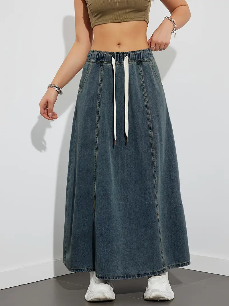 Dam Jeanskjol – Lång High Waist – Elastisk Midja med Dragsko – Casual och Bekväm
