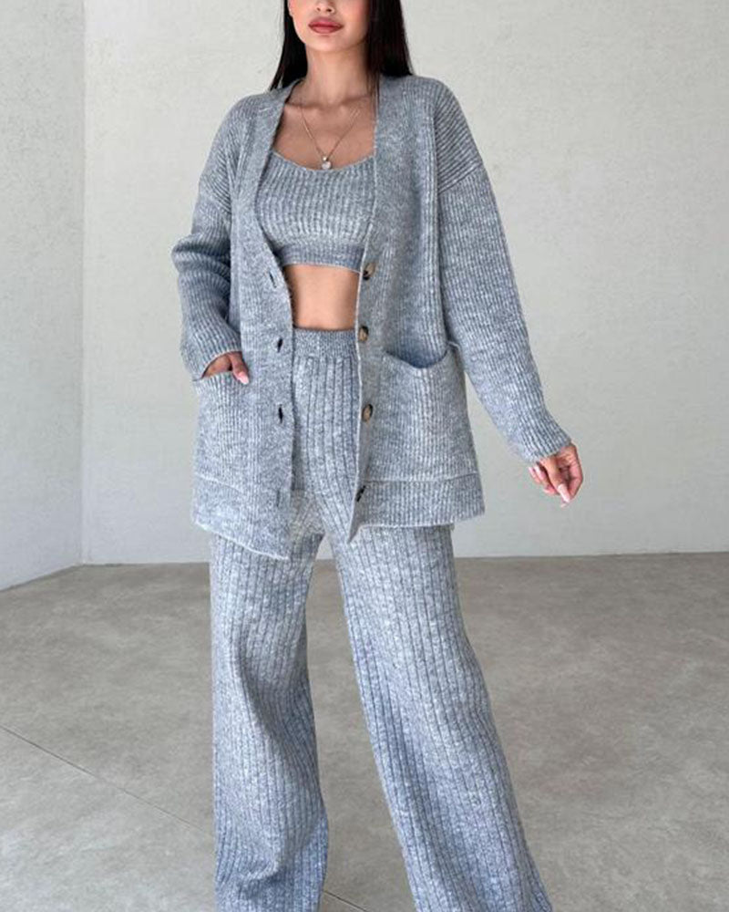 Dam Loungewear-Set - 3-delad Stickad - Kofta, Linne & Vida Byxor - Bekväm Passform
