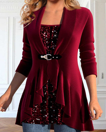 Kvinnors skräddarsydda cardigan – Asymmetrisk design – Vattenfallsfront – 3/4 ärm – Bältad passform