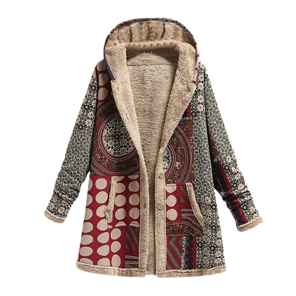 Damkappa - Patchwork Design - Varm Fleecefodrad - Huva & Knappstängning
