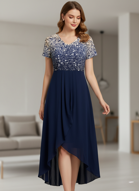 Damklänning - Kortärmad - Mönstrad topp - V-ringning - Hög/låg fåll