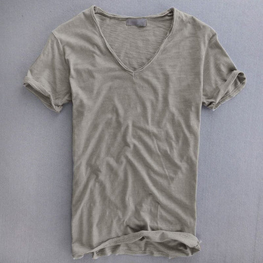 Herr T-shirt – V-ringning – Mjukstickad – Normal passform – Kort ärm – Naturliga fibrer