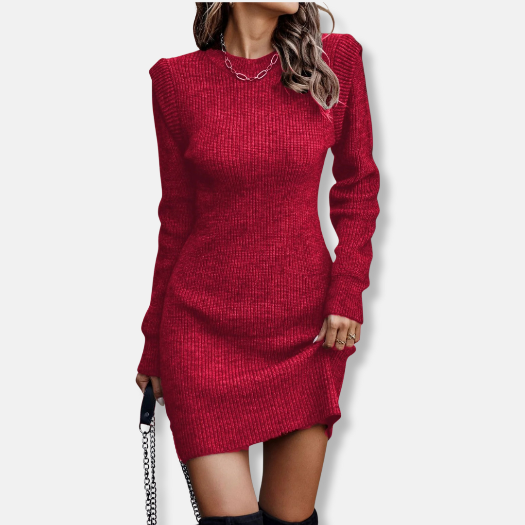 Damklänning – Bodycon Mini – Ribbad Trikå – Puffärm – Slim Fit – Lång Ärm