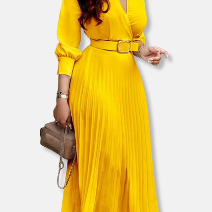 Damklänning Midi – A-linjeformad med Omlottdesign – Puffärm – Plisserad Kjol – Skärp i Midjan