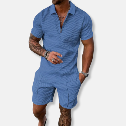 Herrset med Pikétröja och Shorts – Slim Fit – Andningsbar Struktur – Dragkedja
