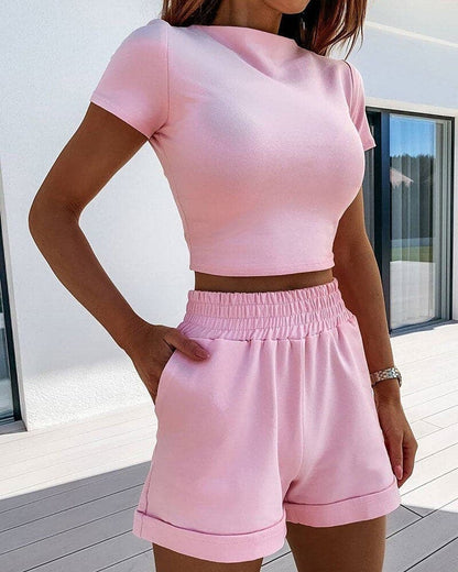 Dam Crop Top - Slim Fit - Rund Hals - Kortärmad - Kort Modell Casual