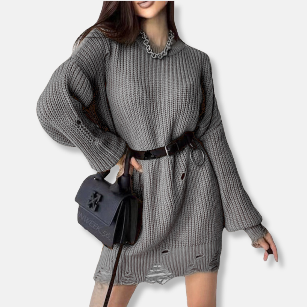 Damklänning – Minilängd – Oversize passform – Ribbstickad – Ballongärmar – Bälte