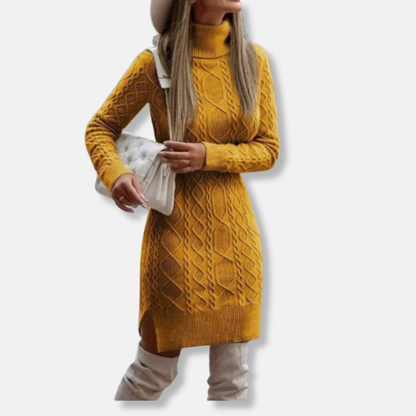 Damstickad Klänning – Slim Fit – Kabelstickad – Ull – Polokrage – Långärmad – Slits