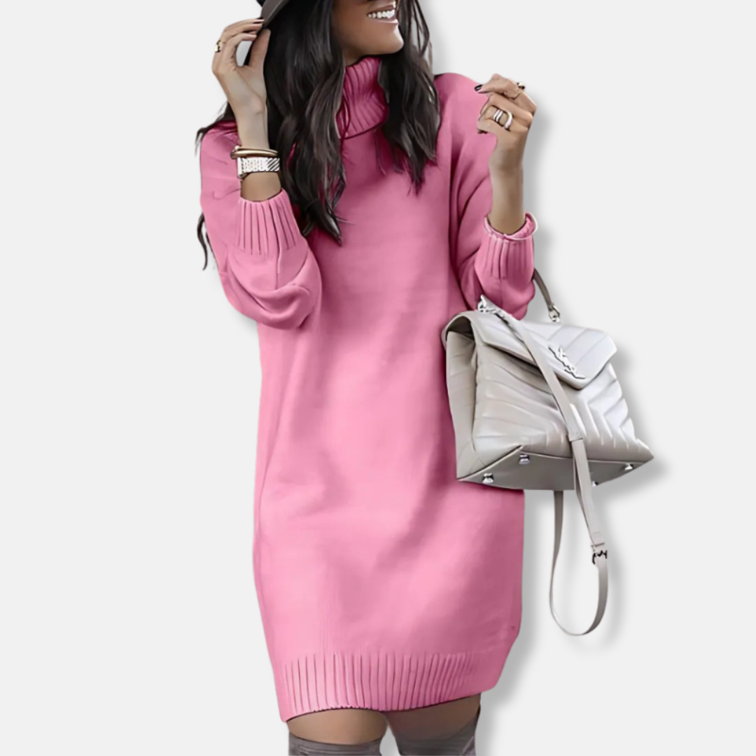 Damklänning – Stickad Miniklänning – Polokrage – Smal Passform – Lång Ärmlängd